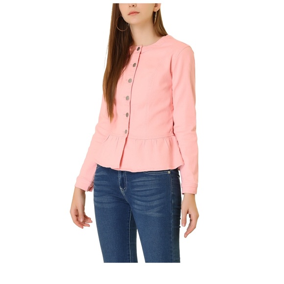 Unique Bargains Women's Button Down Cropped Ruffle Hem Denim Jacket S Light Pink - Picture 1 of 4